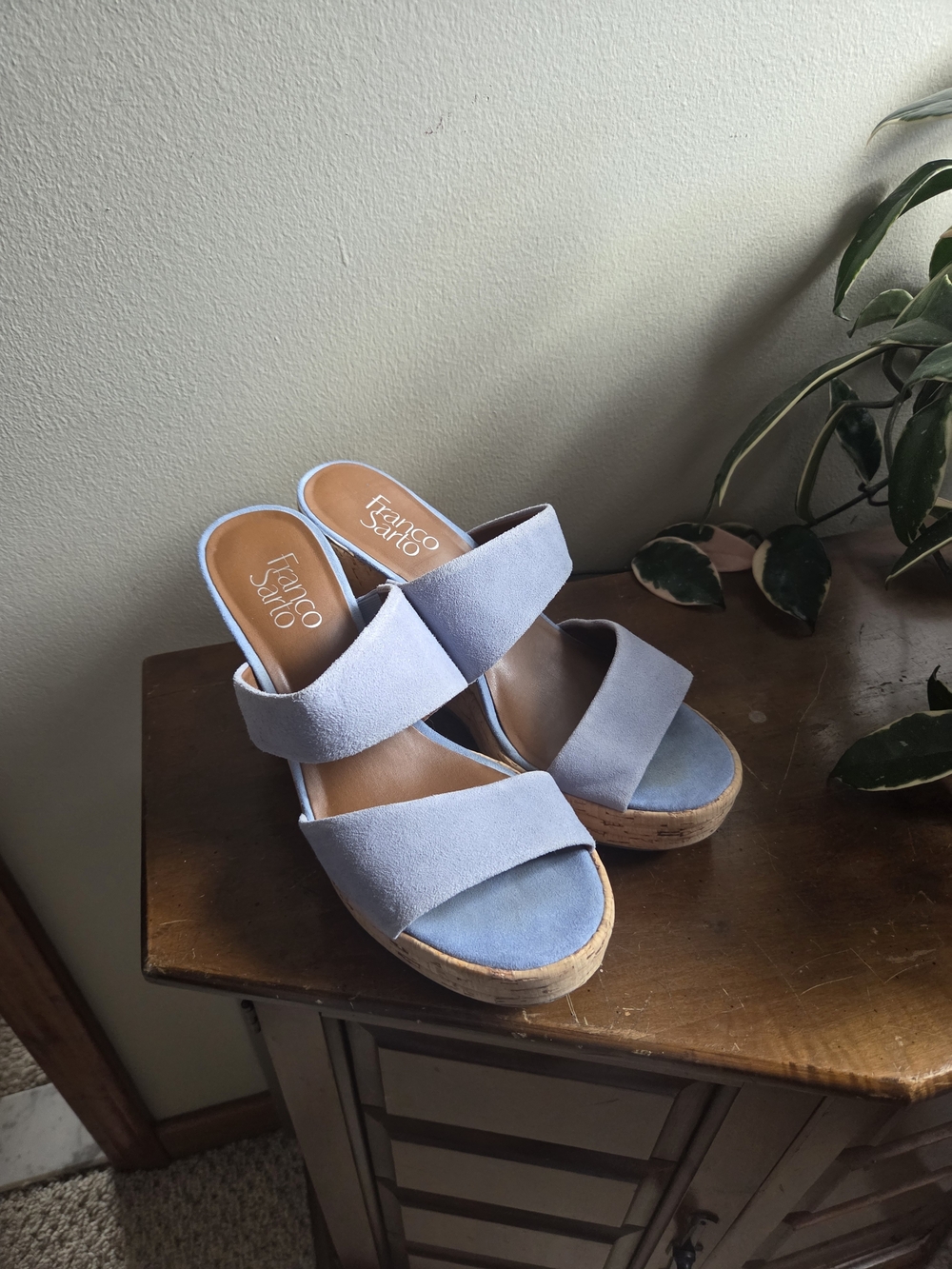 Franco Sarto Powder Blue Suede Double-Strap Wedge Sandals